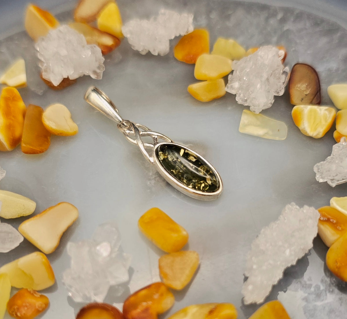 925 Silver & Baltic Amber - Celtic Pendant (Green Amber)