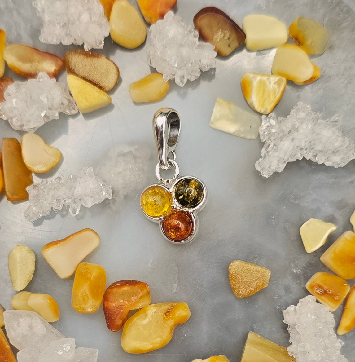 925 Silver & Baltic Amber - Triple Stone Pendant (Cognac, Champagne & Green Amber)