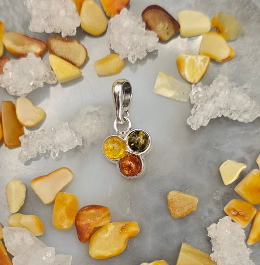 925 Silver & Baltic Amber - Triple Stone Pendant (Cognac, Champagne & Green Amber)