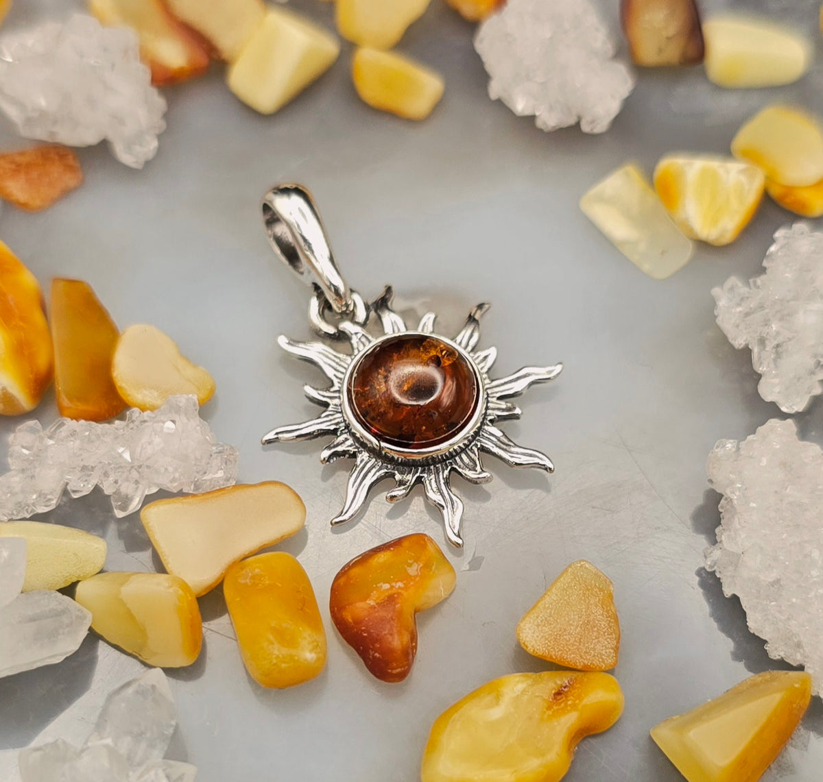 925 Silver & Baltic Amber - Sun Pendant