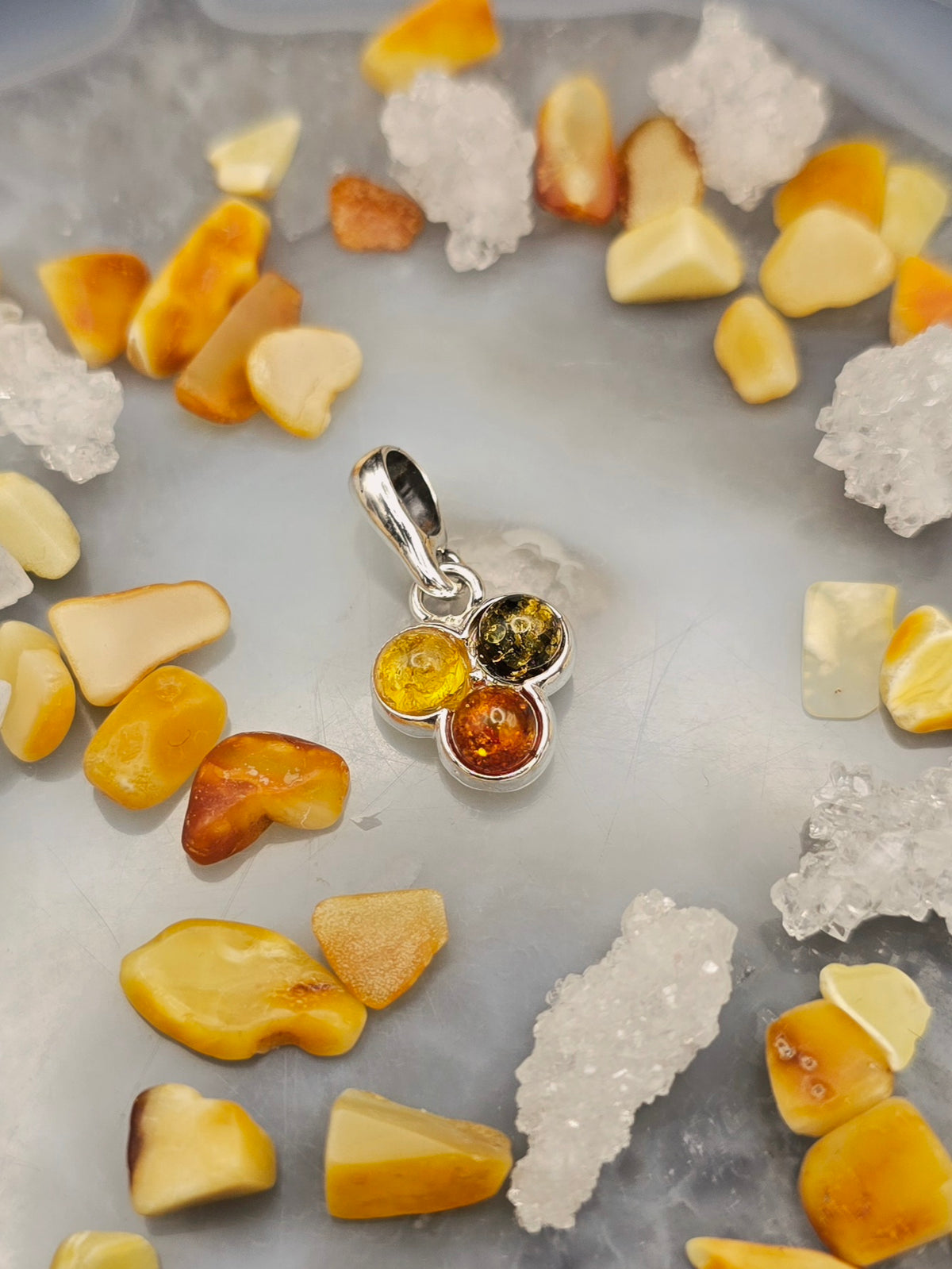 925 Silver & Baltic Amber - Triple Stone Pendant (Cognac, Champagne & Green Amber)